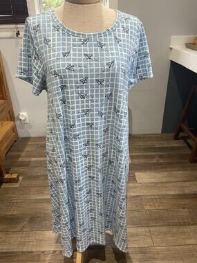 Lularoe Julia Paper Airplanes Print Dress Blue And White Soft Size L Whimsical